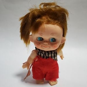 Vintage 70s Big Eyes Doll Japan 60s Retro Baby Doll Red Hair Blue Eyes Toy